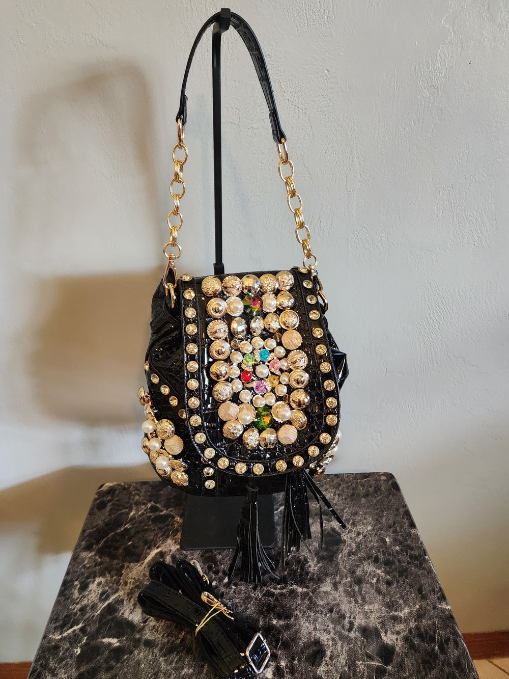 Black Patent Embellished Shoulder Bag/Mini Backpack with Multicolored Stones
